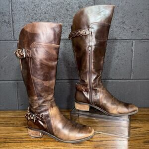 Audrey Brooke Brown Leather Tall Riding Boots Braided Strap 7.5M